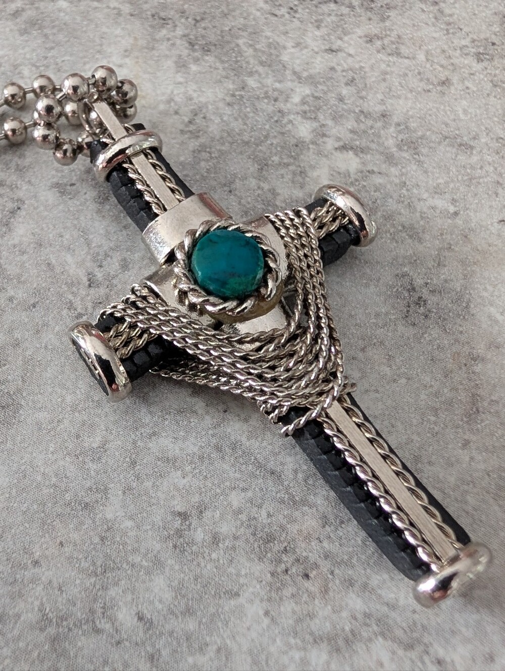 Silver-Tone Men's Cross Pendant Necklace with Teal Stone